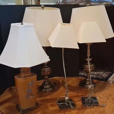 Collection of Five Table Lamps Featuring Brass, Metal and Hand-Painted Ceramic