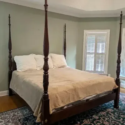 King Size Carved Wood Four Poster Bed with Mattress, Box Springs & Linens