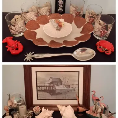 1975 Fitz & Floyd Seashell Serving Set, Kenneth Harris Coastal Print & Nautical Decor