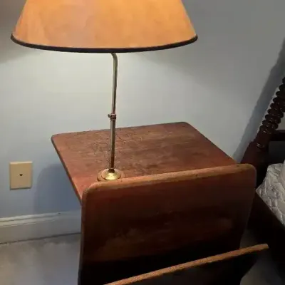 Charming Wood Writing Desk With Decorative Ironwork & Lamp