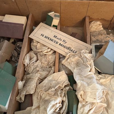 Sale Photo Thumbnail #33: Vintage handmade wooden architectural model pieces, stored in a divided wooden tray with a label reading "Made By H. SPENCER MARSHALL".