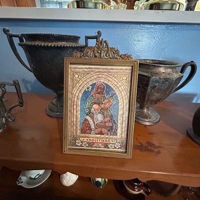 Sale Photo Thumbnail #35: Framed vintage Christmas art print depicting the Three Wise Men in an ornate brass frame with top finial embellishment.