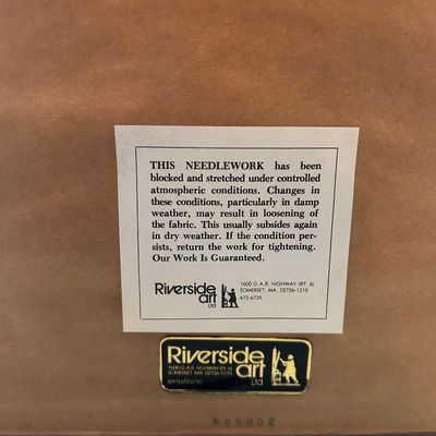 Sale Photo Thumbnail #76: Brown paper backing on framed artwork, featuring framer labels from Riverside Art Ltd in Somerset, Massachusetts.
