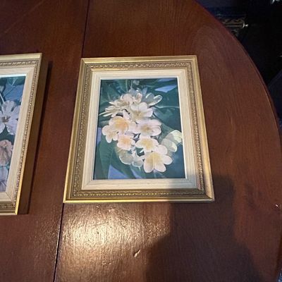 Sale Photo Thumbnail #81: Framed print featuring white plumeria blossoms resting on a wooden table. The artwork is set in an ornate gilded frame with a light inner mat.