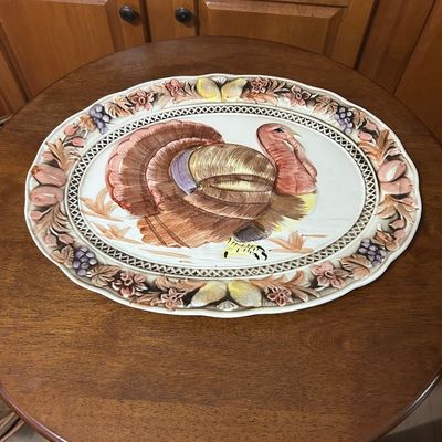 Sale Photo Thumbnail #21: Vintage ceramic Thanksgiving turkey platter featuring hand-painted relief details and a reticulated floral and fruit border.