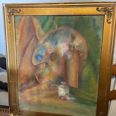 Sale Photo Thumbnail #15: Framed impressionistic pastel painting depicting an artist's palette, bottle, and paint tube, housed in an ornate gilt wood frame.
