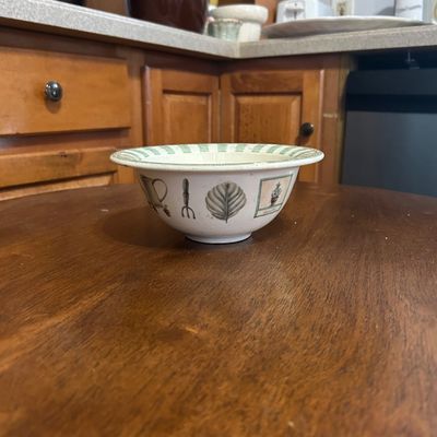 Sale Photo Thumbnail #14: Vintage ceramic bowl featuring a green striped rim and botanical garden-themed illustrations around the exterior.