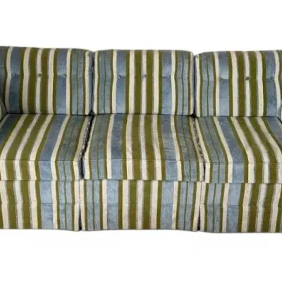 Mid century blue green striped velour sofa