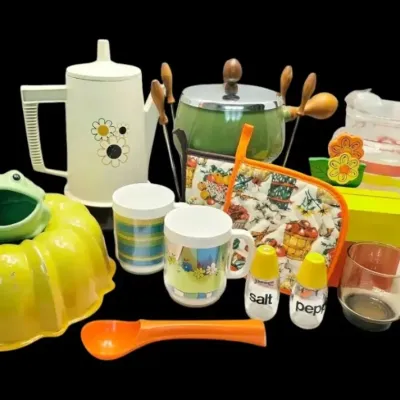 Colorful vintage kitchen fondue pot salt peppers glasses more