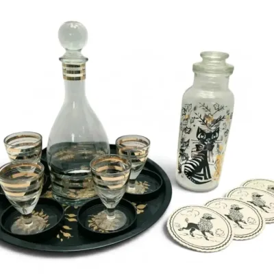 Mcm black gold cat apothecary jar gold striped decanter glasses more