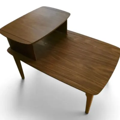 Mid century two tier end table with wood grain formica top 1