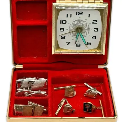 Vintage radium dial clock jewelry box w men s cufflinks pins