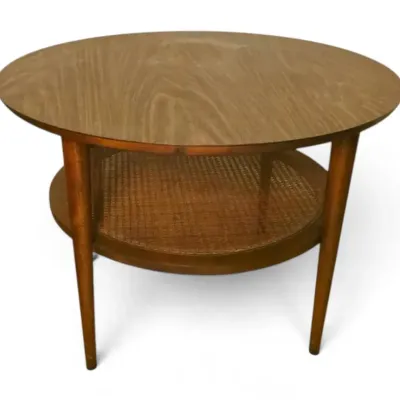 Lane mid century round walnut veneer rattan end table