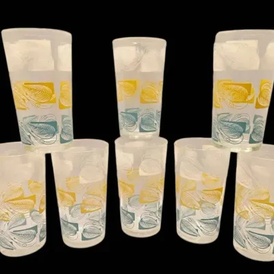Vintage retro white yellow teal leaf pattern glasses 8 total