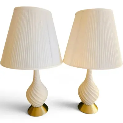 Pair of mid century white swirl table lamps