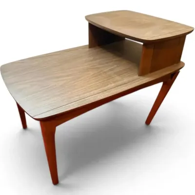 Mid century two tier end table with wood grain formica top 2