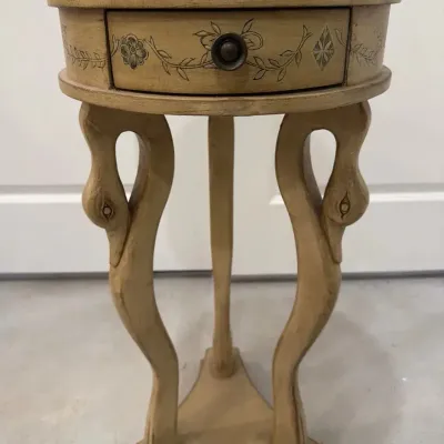 Hand-Painted Round Accent Side Table With 3 Swan Motif Legs And Drawer