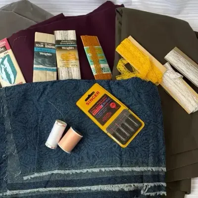 Large Sewing Destash Lot - Assorted Fabric Bolts, Singer Needles, Zippers, & Sewing Notions