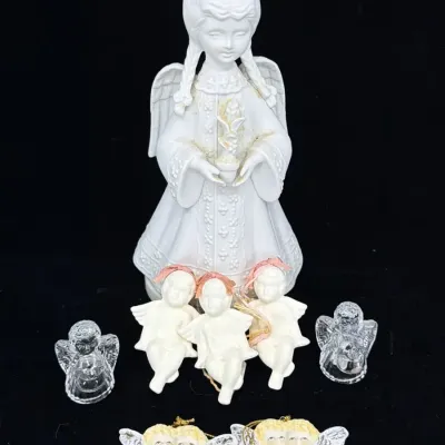 Vintage Porcelain Angel Music Box, Biedermann Crystal & Midwest Cherub Ornaments