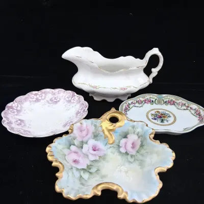 Decorative Floral Porcelain Collection with Gravy Boat, Dishes & Andrea by Sadek Tray