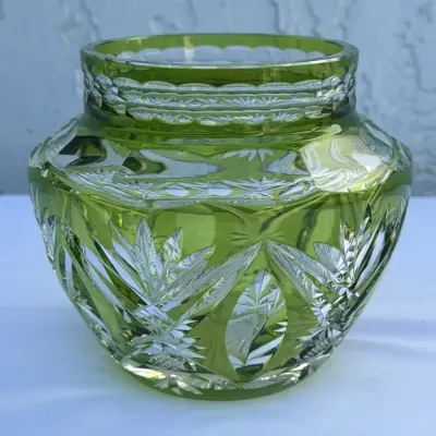 Antique Green Cut to Clear Glass Rose Bowl Vase
