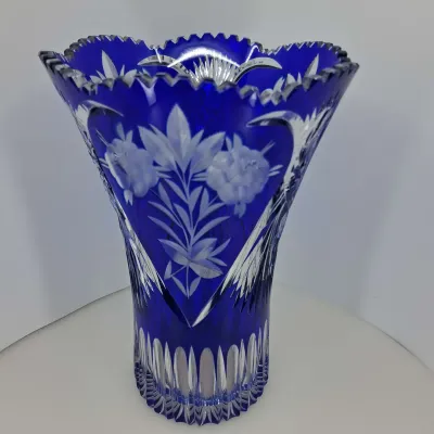 Large Vase Blue Cut Crystal Rose Pattern 