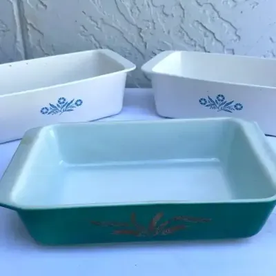 Vintage Pyrex Autumn Harvest Baker & Corning Ware Cornflower Loaf Pans - 3 Pcs