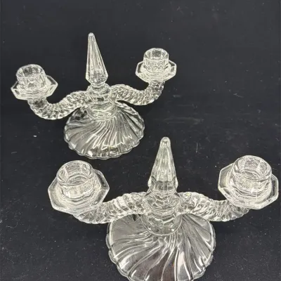 Pair Vintage Fostoria "Colony" Style Clear Glass Double Candle Holders
