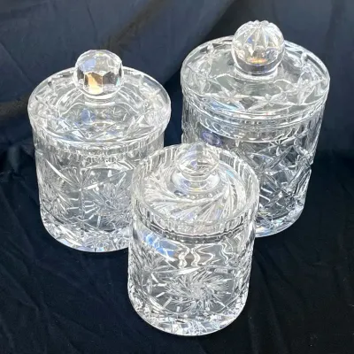 Trio of Vintage Bohemian Cut Crystal Lidded Canisters - Pinwheel & Starburst Candy Biscuit Jars