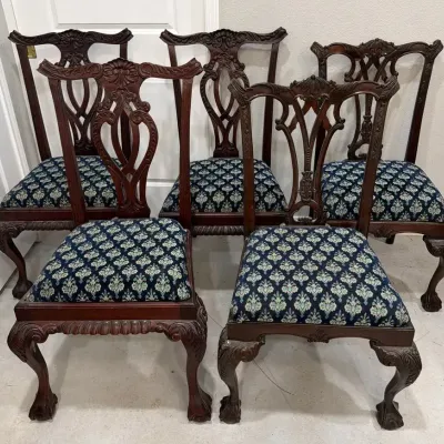  02 Set of 5 Chippendale Style Carved Mahogany Dining Chairs with Ball and Claw Feet
