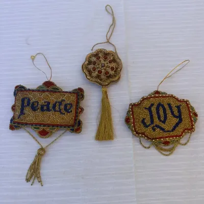 Vintage Hand Beaded Christmas Ornaments Peace, Joy & Tassel