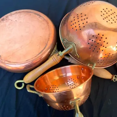 Vintage Copper Colanders And Pan