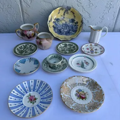 Vintage Porcelain Teaware, Mixed Saucers & Ceramic "Toile" Serving Bowl - 13pc
