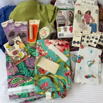 Large Sewing & Crafting Lot - Vintage Fabric Remnants, Simplicity Patterns, Buttons, & Notions