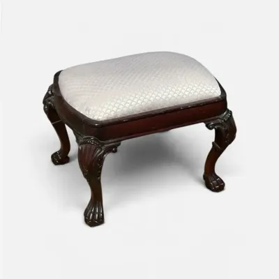 Vintage Chippendale Style Carved Mahogany Upholstered Footstool