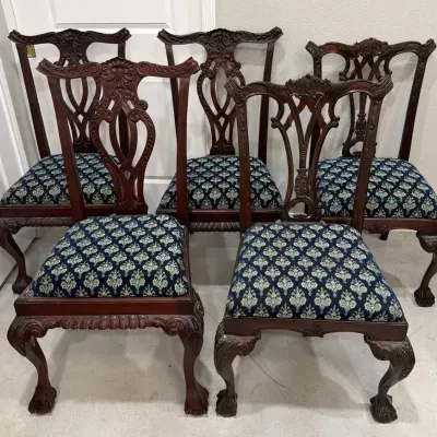 Set of 5 Chippendale Style Carved Mahogany Dining Chairs With Ball And Claw Feet