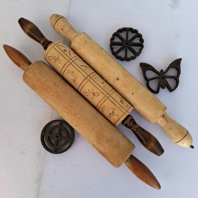 Vintage Wooden Rolling Pins And Cast Iron Stamps