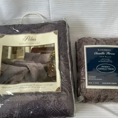 Palais Full/Queen Satin Stitched Quilt & Regency Chenille Throw Blanket Lot - NIP Bedding Set