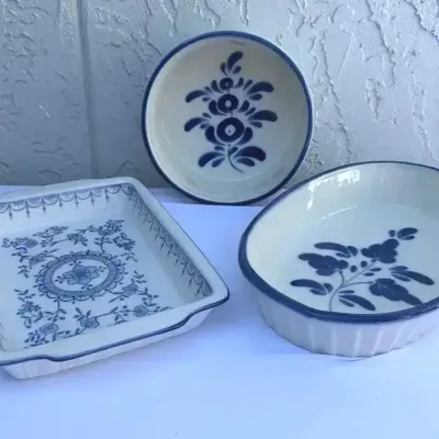 Vintage Blue & White Pottery 3 Pc: Signed Viana Do Castelo Bowls & Floral Baker Portugal