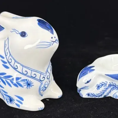 Vintage Blue & White Porcelain Bunny Bank Made In Thailand & Egg Cup