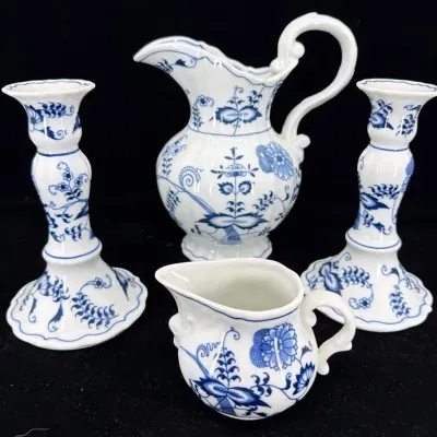 Vintage Blue Danube Porcelain Pitcher, Creamer & Candlestick