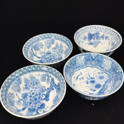 Vintage Asian Blue & White Chinoiserie Style 4-Piece Bowls