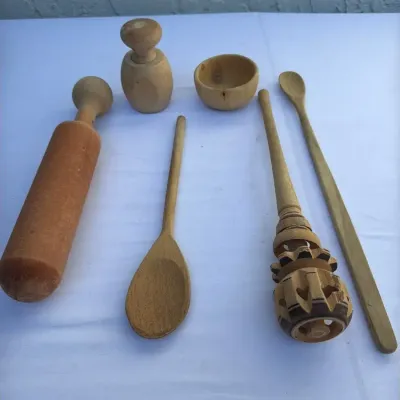 Vintage Rustic Wooden Kitchen Utensils - 7pc