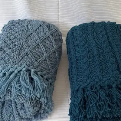 Pair of Handmade Cable-Knit Throw Blankets in Blue & Teal with Fringe