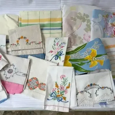 Vintage Embroidered Kitchen Towels & Linens with Floral and Fruit Designs