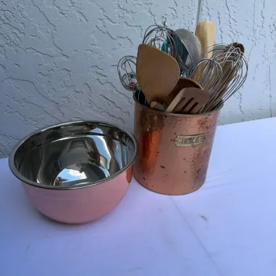Hammered Copper "Cookies" Canister Jar, Mixing Bowl & Kitchen Utensils