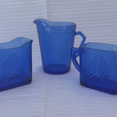 Blue Depression Glass Creamer, Sugar & Small Milk Pitcher