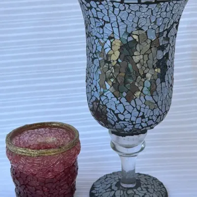 Mirrored/Black Hurricane Glass & Red Crackle-Glass Votive