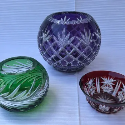 Vintage 24% Lead Cut-To-Clear Crystal Rose Bowls & Ruby Art Glass Dish