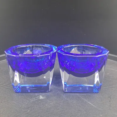JG Durand Pair of Blue Glass Bowls with Clear Square Bases